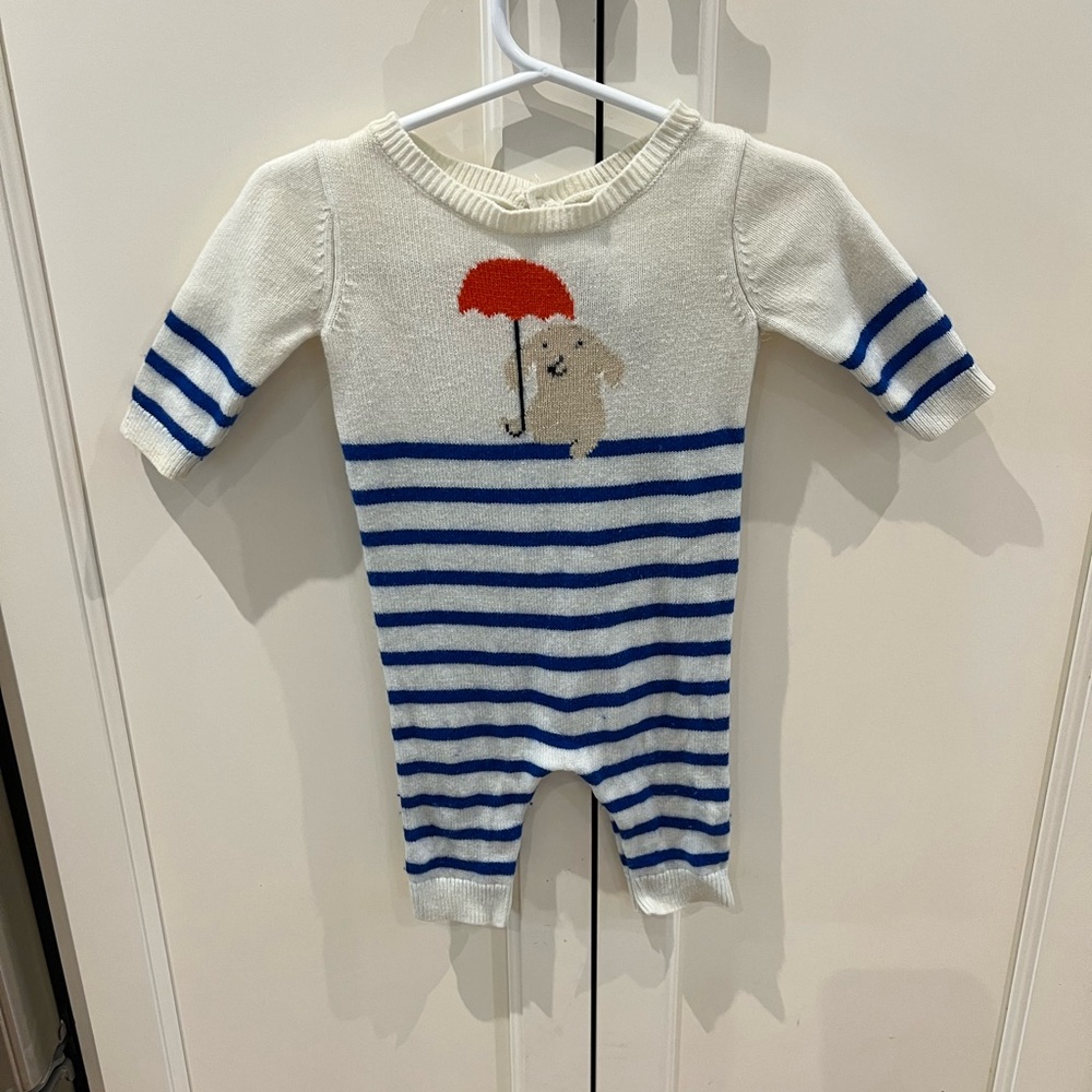 Jacadi White and Blue Striped Knit Baby One-Piece with Red Umbrella Bear